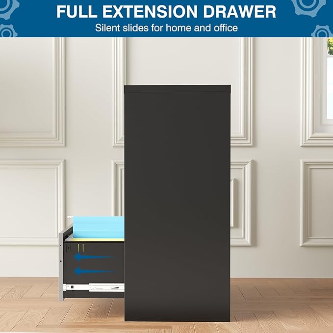 3 Drawer File Cabinet, Lateral Filing Cabinets for Home Office, Office Storage Drawers with Lock, Hanging Files Legal/Letter A4 Size (Assemble Required,Black Grey)