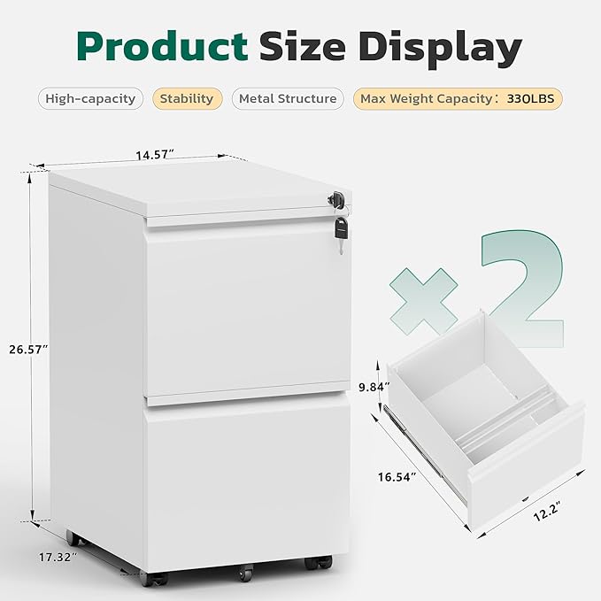 Greenvelly 2 Drawer Mobile File Cabinet with Lock, Metal Filing Cabinet on Wheels, Under Desk File Cabinet for Home Office Organizer Letter/Legal/A4 File (Assembly Required, White)