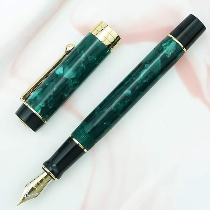 Jinhao 100 Fountain Pen Celluloid Classic Style, #6 Nib Smooth Writing Instrument with Refillable Converter and Pen Case Set