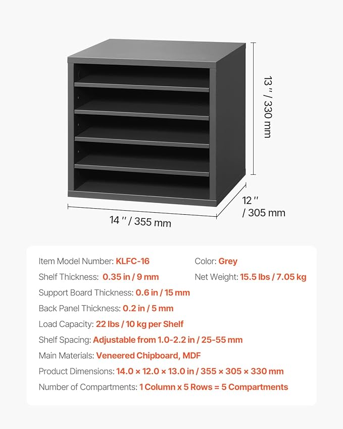 VEVOR Literature Organizer, 5 Compartments Office Mailbox with Adjustable Shelves, Wooden Mailbox Sorter Medium Density Fiberboard Office Home Classroom Storage for Files, Documents, Papers, Grey