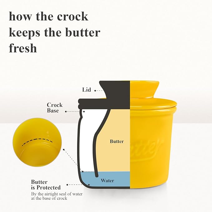 Ceramic Butter Crock with Lid & Spreader Knife, Butter Keeper - Ideal Butter Storage & Countertop Butter Dish, Yellow