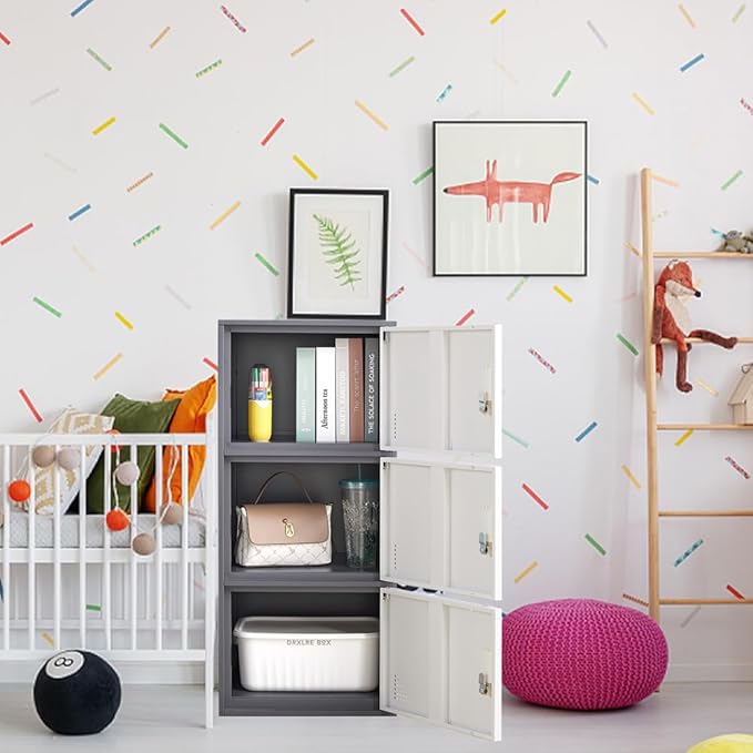 3 Door Metal Locker Steel Storage Cabinet, Office Storage Lockers for Employees, Vertical Metal Cabinets for Home,Office,School,Room Storage Organizer