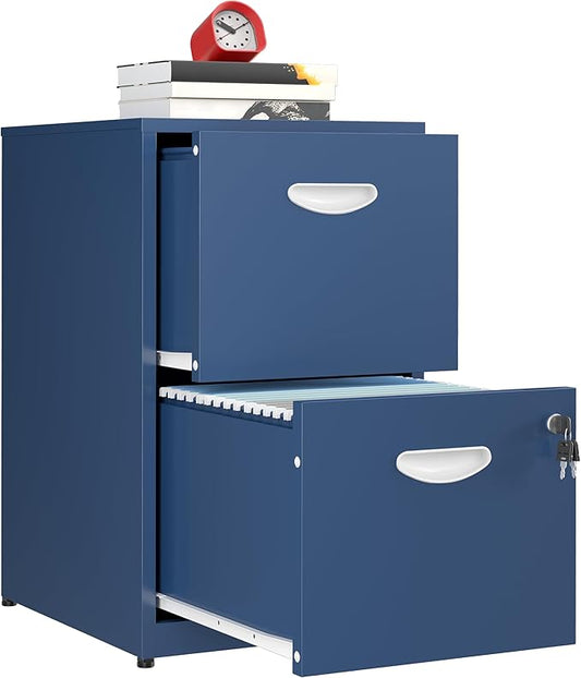 2 Drawer File Cabinet, Metal Two Drawer Vertical File Cabinets with Lock, 18" D Storage Filing Cabinet for Home Office, Steel Light Duty Storage for Letter-Size Files, Blue, Assembly Required