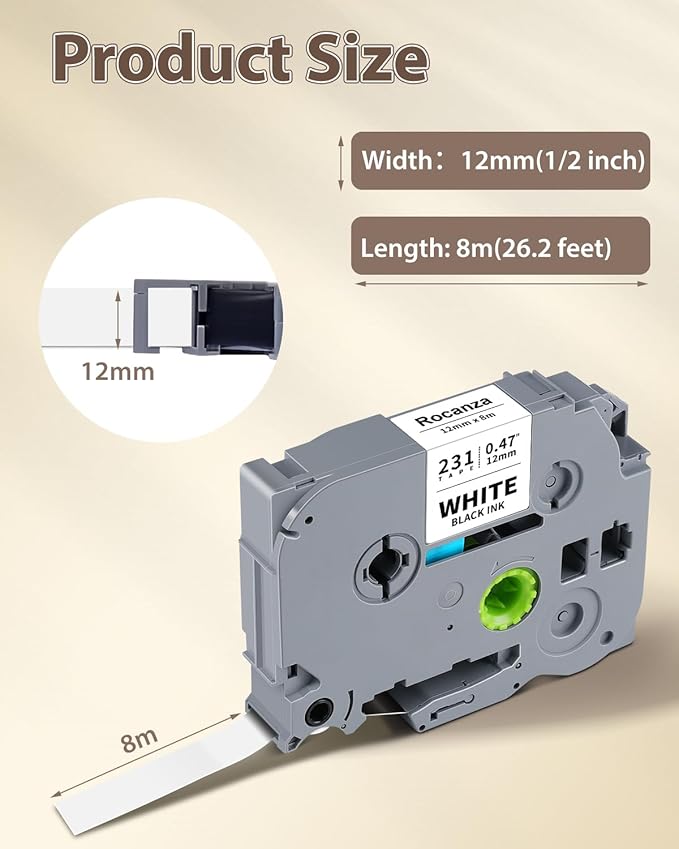 Replace for Brother Label Maker Tape TZe-231 TZe231 12mm 0.47 Laminated White Tz Tape Compatible with P Touch TZe 1/2" Black on White for PT-D220 D210 H110 D200 D400 1280 1880 D610BT Refills, 6-Pack