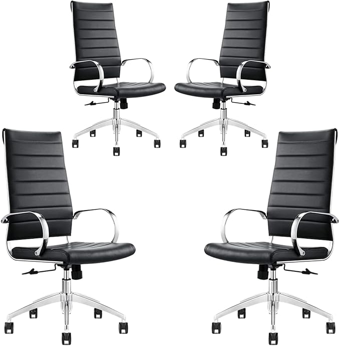 Ribbed High Back Conference Room Chairs- Lumbar Support, Modern Style Executive Chair for Home and Office - 360 Swivel Rolling Wheels - Aluminum Chrome Frame & Base - Black (Pack of 4)