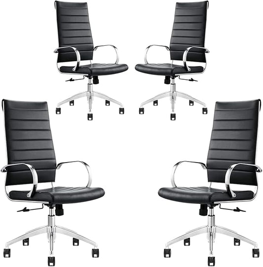 Ribbed High Back Conference Room Chairs- Lumbar Support, Modern Style Executive Chair for Home and Office - 360 Swivel Rolling Wheels - Aluminum Chrome Frame & Base - Black (Pack of 4)