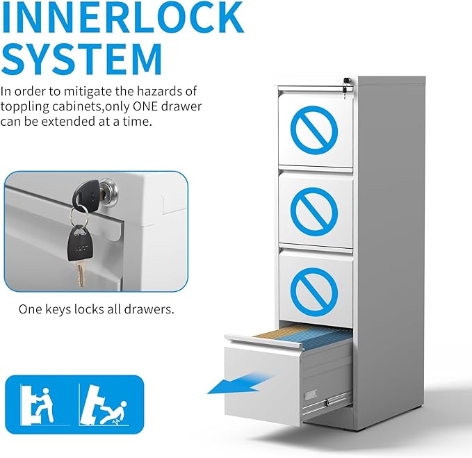 4 Drawer File Cabinet, Metal Vertical Filing Cabinet for Home Office, Locking Steel Easy Assemble 18" D File Cabinets for Legal/Letter/A4/F4 (White)