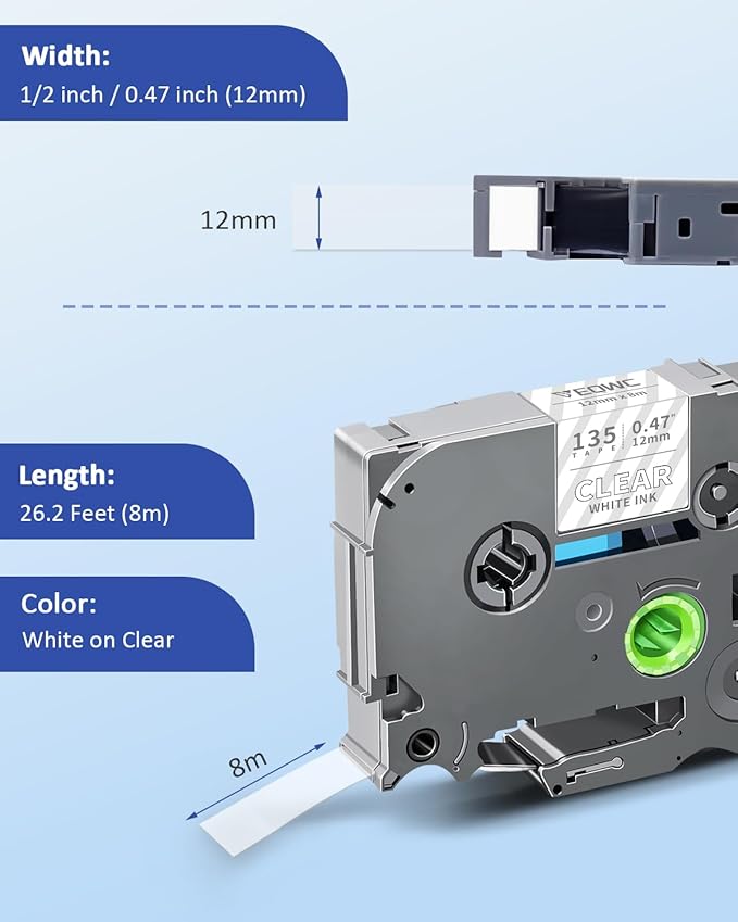 Tze135 Tze 12mm 0.47 Laminated White on Clear Label Maker Tape Compatible for Brother Tze-135 Tz-135 Tz 1/2 Refill Work for Ptouch PT-D210 PT-D220 PT-H110 PT-D400 PT-D600, White on Clear, 4 Pack