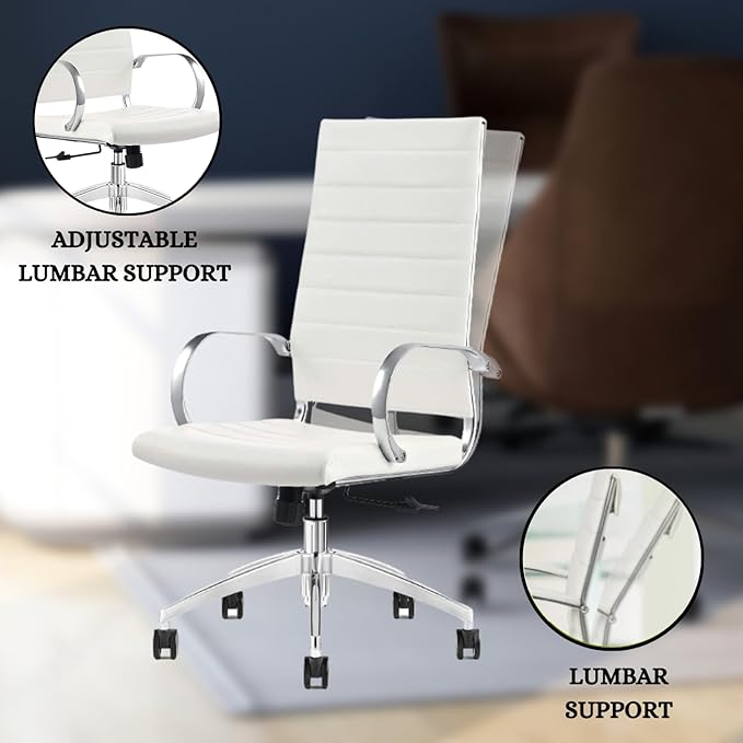 Ribbed High Back Conference Room Chairs - Lumbar Support, Modern Style Executive Home Office Chair - 360 Swivel Rolling Wheels - Aluminum Chrome Frame & Base- White Office Chair (Pack of 1)