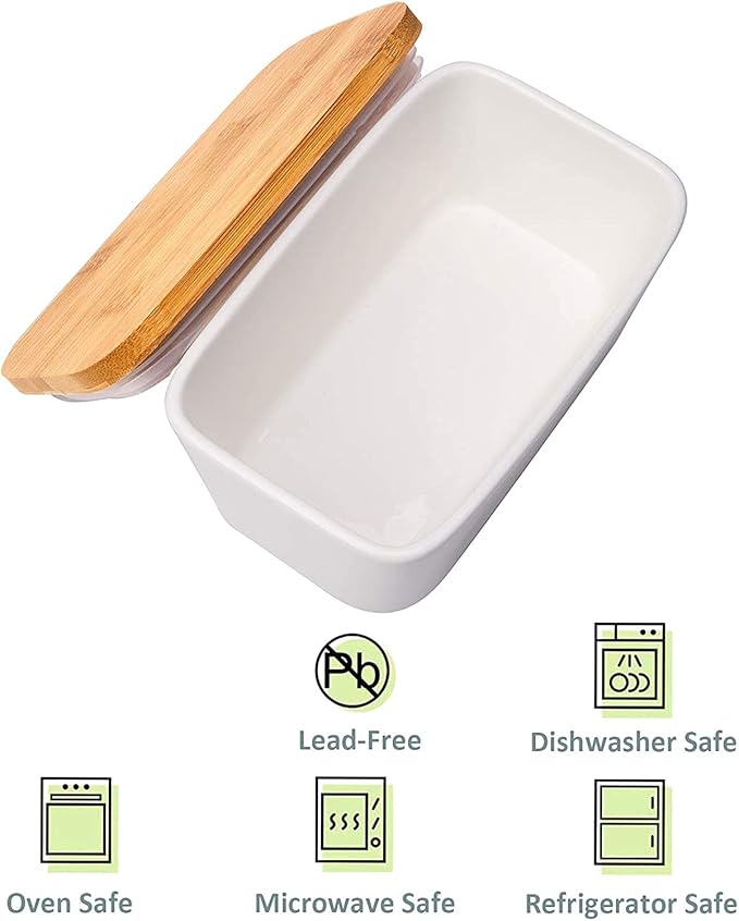 Butter Dish with Lid, LARGE 650ml Porcelain Keeper with Bamboo Lid Cover for 2 Sticks of Butter, Microwave Safe Easy Clean Butter Storage Container for Countertop and Refrigerator (White)