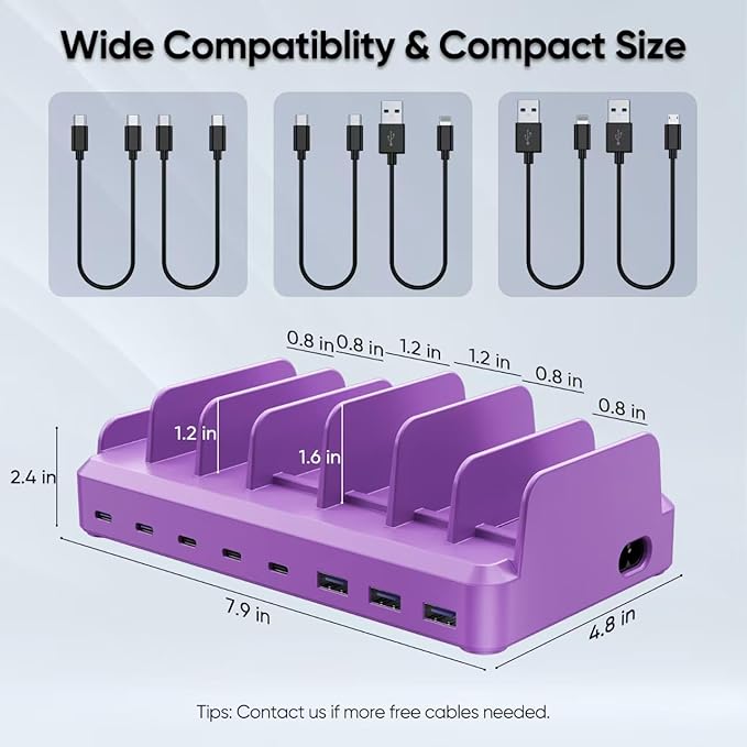 300W Charging Station for Multiple Devices, 8 Port Multi USB C Fast Charger Station Dock for MacBook iPhone 16/15/14/13/12 Samsung Pixel Series iPad, Purple (6 Mixed Short Cables Included)