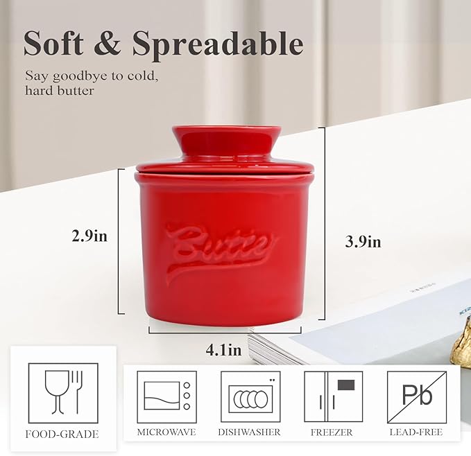 Butter Crock for Counter with Water, French Butter Keeper for Spreadable Butter Ceramic Butter Dish with Lid for Countertop, Butter Container Holder, Home Kitchen Decor (Red, M)