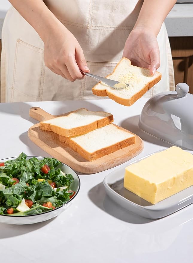 Sweejar Ceramic Butter Dish with Lid for Countertop,Porcelain Butter Keeper with Knob Handle,Butter Container for East/West Coast Butter, 7.3*4.1 inches (Gray)