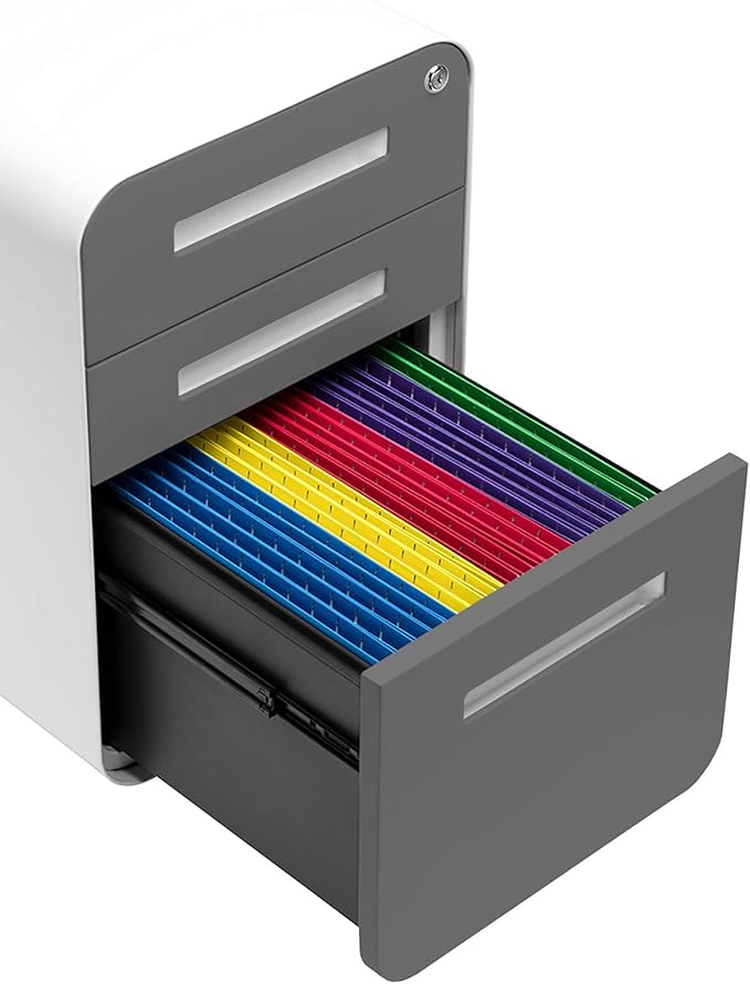 Laura Davidson Furniture Stockpile 3 Drawer File Cabinet with Lock - Under Office Desk Metal Filing Cabinet, Legal/Letter File Folders, Wheels and Stationary Feet, Pre-Assembled, Dark Grey Faceplate