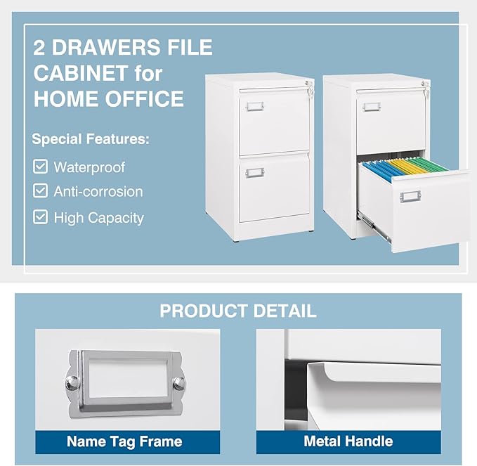 2-Drawer File Cabinet, 16.3" Deep Vertical Filing Cabinet with Lock, Metal File Cabinet for Home Office, Anti-Tip 2 Storage Drawers for Letter/Legal/A4/F4 Size (Assemble Required, White)