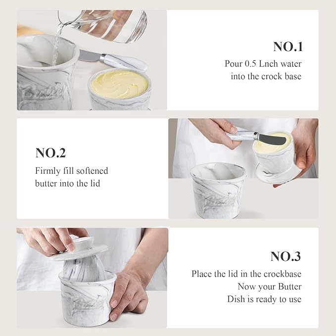 Ceramic Butter Crock with Lid & Spreader Knife, Butter Keeper - Ideal Butter Storage & Countertop Butter Dish, Marble White