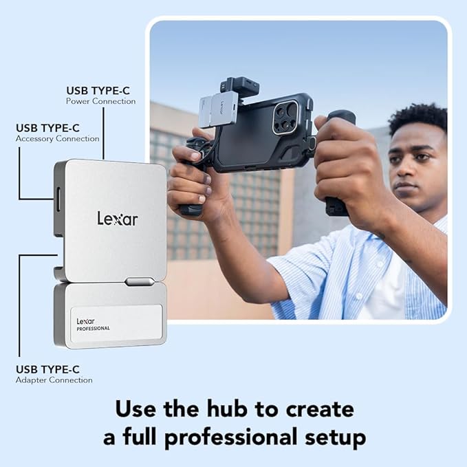 Lexar 2TB Professional Go Portable SSD w/Hub, Supports Apple 4K 60fps ProRes, Up to 1050MB/s, USB 3.2 Gen 2, Rugged, IP65, Ultracompact, Compatible w/iPhone 15/16, External SSD (LSL400S002T-RNSNU)