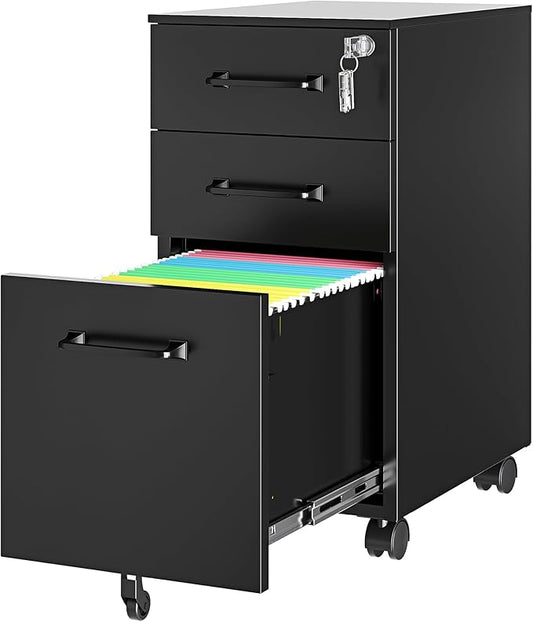3 Drawer Slim File Cabinet, Mobile Filing Cabinet with Lock,Black Rolling Narrow File Cabinets with Casters, Under Desk Office Cabinets for Home Office,Fit A4/Letter/Legal(Unassembled)