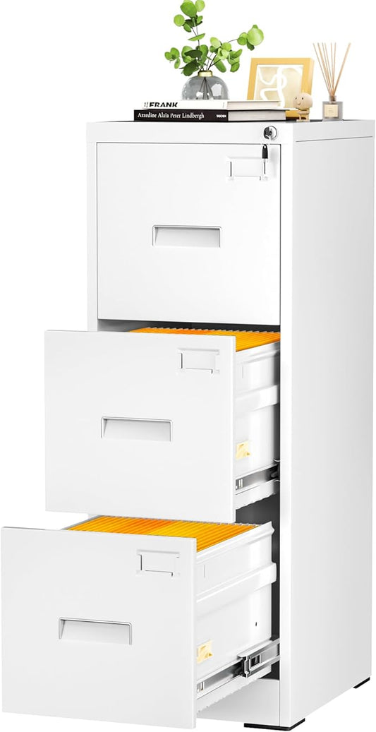 INTERGREAT 3 Drawers File Cabinet with Lock, 18" D Metal White Vertical Filing Cabinet for Hanging Folders, Easy Assemble