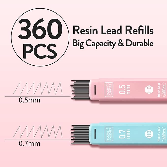 Four Candies Cute Mechanical Pencil Set, 6PCS Pastel Mechanical Pencils 0.5 & 0.7mm with 360PCS HB Leads, 3PCS Erasers and 9PCS Eraser Refills, Aesthetic School Supplies for Girls Writing