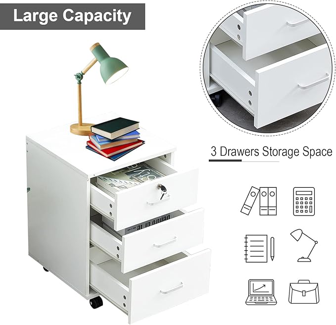 File Cabinet with Lock 3 Drawer Mobile Filing Cabinet with 360° Swivel Wheels, Under Desk Storage Cabinet Wooden File Organizer for Legal/Letter/A4 Documents, Home Office Storage (White)