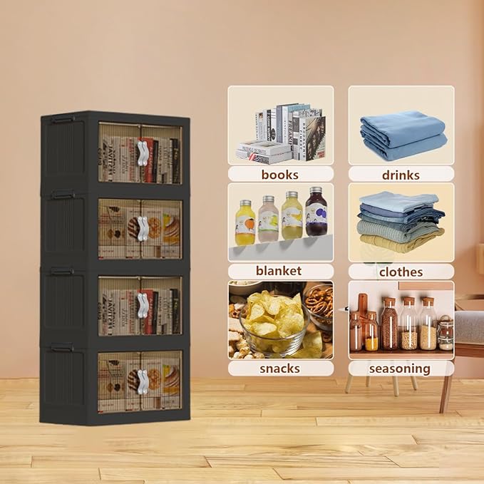 Stackable Storage Bins Wheel, Large Collapsible Closet Organizer with Lid, Foldable Storage Cabinet with Door, Plastic Folding Storage Boxes for Home, Pantry, Office (L, Gray 4-Tier)