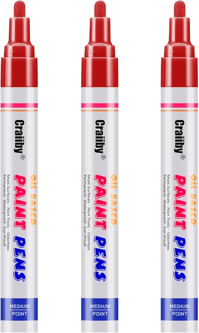 Red Paint Markers, 3 Pack Oil-Based Waterproof Quick Dry Permanent Paint Pen Set for Rocks Painting, Wood, Fabric, Plastic, Canvas, Glass, Mugs, Metal, Tire, Stone, DIY Craft
