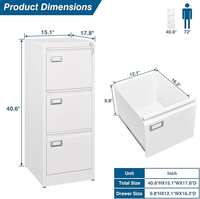 3-Drawer File Cabinet with Lock, 16.3" Deep Vertical Filing Cabinets, Metal File Cabinets for Home Office, Anti-Tip 3 Storage Drawers for Letter/Legal/A4/F4 Size (Assemble Required, White)