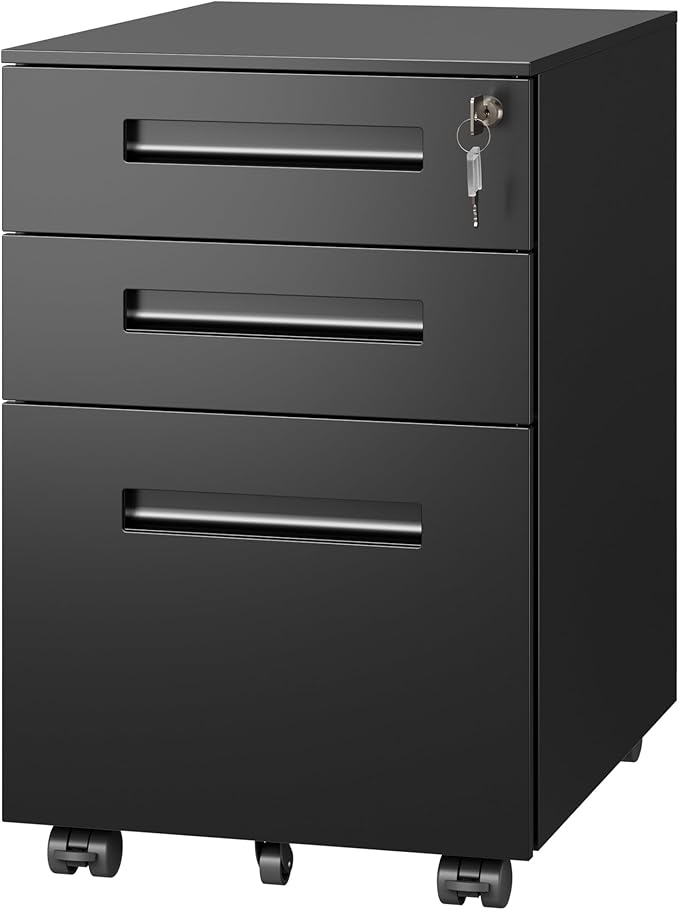 DEVAISE 3-Drawer Metal File Cabinet with Lock, Mobile Filing Cabinet Under Desk for Home Office, Fully Assembled Printer Stand fits A4/F4/Letter/Legal Size, Black, 20" D x 15" W x 24" H