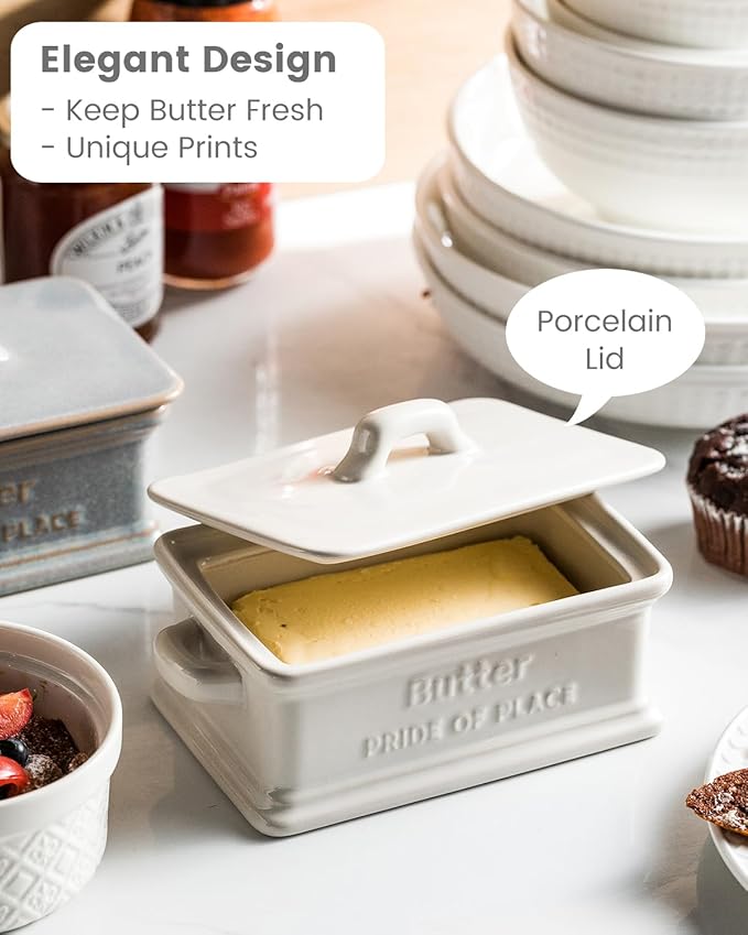 Butter Dish with Lid, Ceramic Butter Dish for Countertop Butter Holder Container Large Butter Keeper for East West Coast Butter, Thanksgiving, Christmas, White