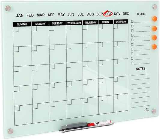 TSJ OFFICE Glass Calendar Whiteboard - 36 x 24 Inches Wall Mounted Monthly Dry Erase Calendar for Wall, Large Magnetic Glass White Board for Office, Home & School