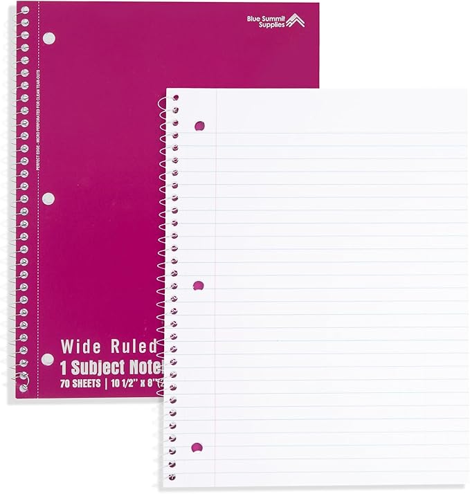 Blue Summit Wide Ruled Spiral Notebooks Bulk, 1 Subject Spiral Notebook Wide Ruled, Paper School Bulk Notebooks, 24 Pack