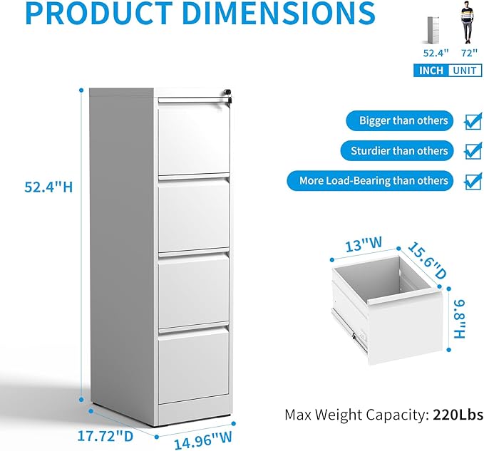 4 Drawer File Cabinet, Metal Vertical Filing Cabinet for Home Office, Locking Steel Easy Assemble 18" D File Cabinets for Legal/Letter/A4/F4 (White)