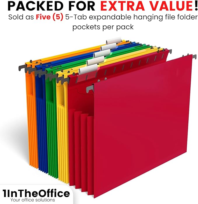 1InTheOffice Hanging File Folder, Hanging File Pocket, Expandable Hanging File Folder, Letter Size, Assorted Color, 5 Pack