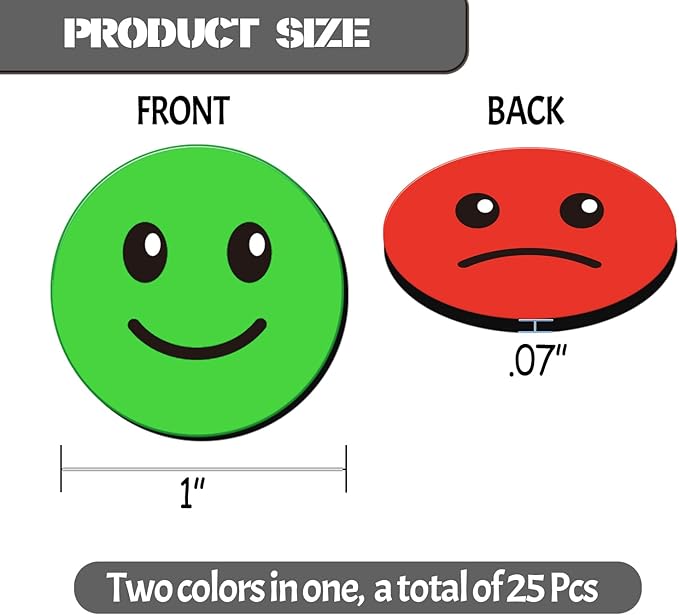 25 Pcs 1” Double-Sided Red Green Smiley Face Magnets, Flip Over Colored Magnetic Dots for Whiteboard, Refrigerator, Office (25, Happy/Sad-Colors)