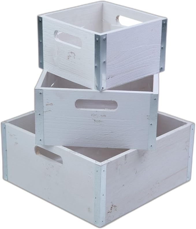 wald imports - Set of 3 Rustic Whitewash Wooden Crates for Storage - Decorative Wooden Crate Set for Home Decoration & Display - Vintage Storage for Household Goods