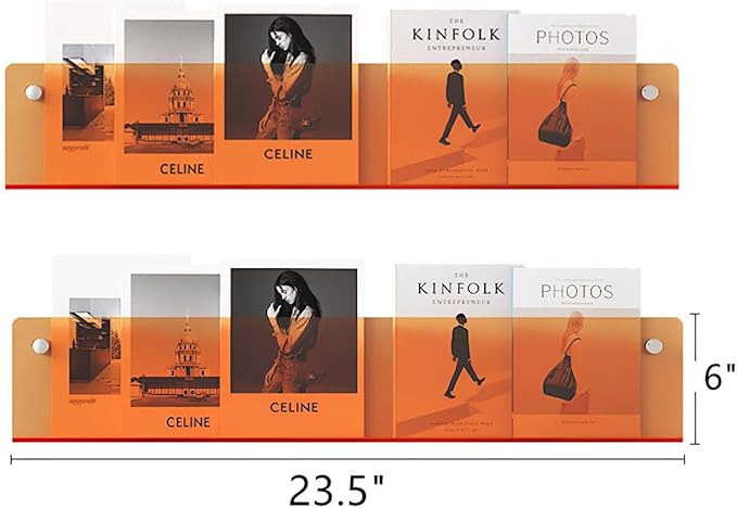 ROYALITA 2-Pack Acrylic Magazine Holder Brochure Holder, 24" Record Holder Magazine Rack, Fashion Hanging Bookshelf Literature Storage Rack for Waiting Room, Living Room, Office, Orange 24 Inch