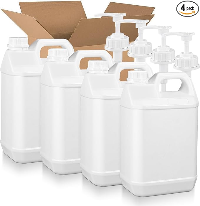 1 Gallon Plastic F-Style Jug (4-Pack) Reusable Food-Safe, Heavy-Duty HDPE Containers for Water, Sauces, Soaps, Detergents, Honey Liquids with Screw-On Cap and Pump Cap (White, 1 Gallon)