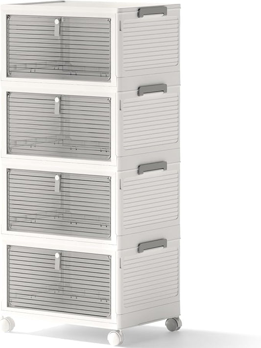 Storage Bins with Lids,4 Tier Stackable Storage Bins with Drawers,4 Pack Collapsible Plastic Storage Boxes with Wheel-1 Lid,23QT Foldable Containers for Closet Living Room Bedroom Office.