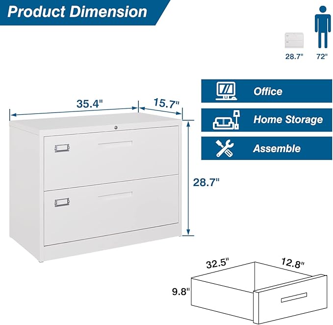 2 Drawer File Cabinet, Lateral Filing Cabinets for Home Office, Office Storage Drawers with Lock, Hanging Files Legal/Letter A4 Size (Assemble Required,White)