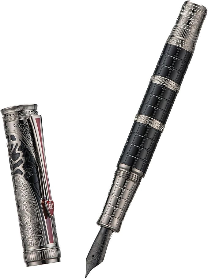 Hongdian D5X Fountain Pen Black Fine Nib, Qin Dynasty Retro Chinese Totem Engraving with Converter and Pen Box Set