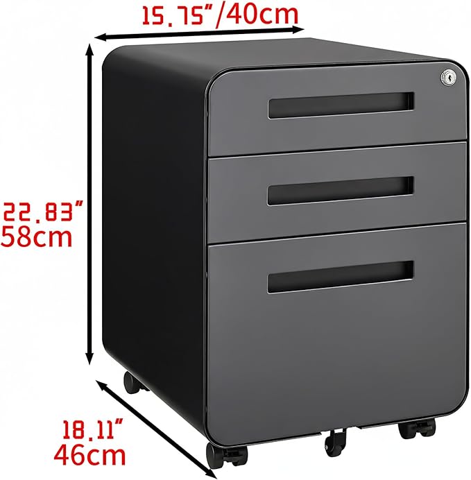 Modern 3-Drawer Mobile File Cabinet, Dark Grey Metal Filing Cabinet with Lock, Under-Desk Rolling File Storage with 5 Wheels, Legal/Letter/A4 Hanging File Compatible, 15.75" W x 18.11" D x 22.83" H