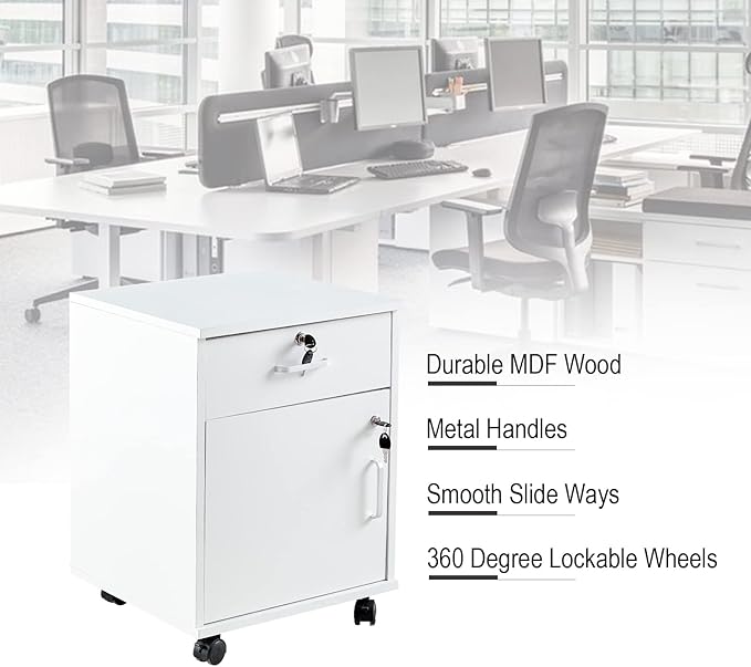 File Cabinet with Lock and Drawer, Mobile Under Desk Storage Cabinet with 360° Swivel Wheels, Wooden Filing Cabinet File Organizer for Legal/Letter/A4 Documents, Home Office Filing Cart (White)