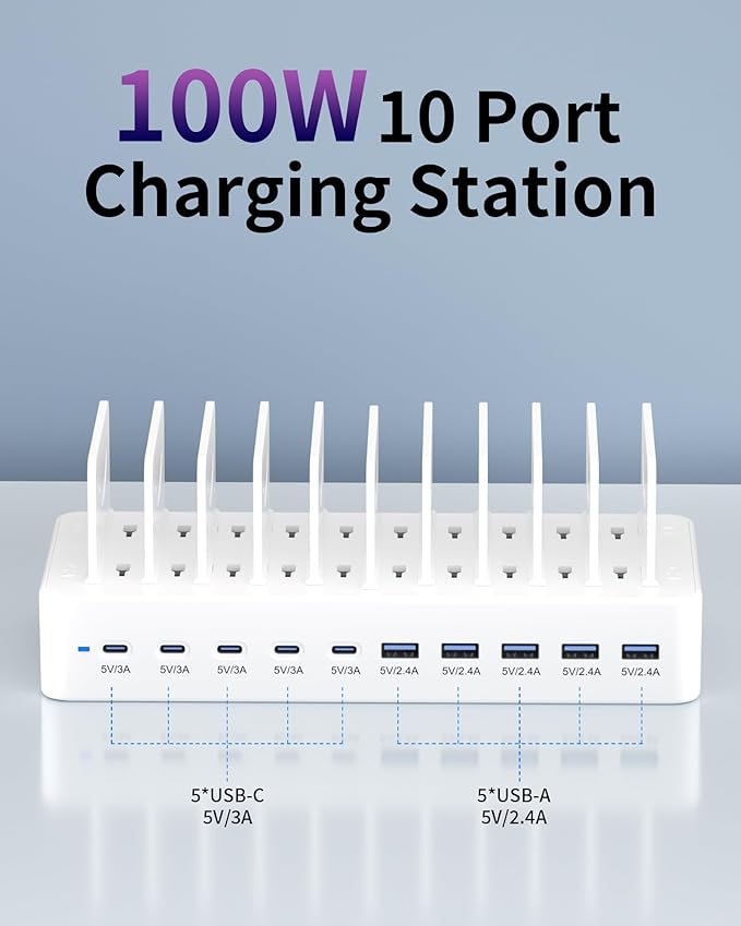 100W Charging Station for Multiple Devices, 10-Port USB Fast Charging Station with Adjustable Dividers & 10 Cables- Multi Device Organizer Charging Dock for iPhone, iPad, Tablets & More