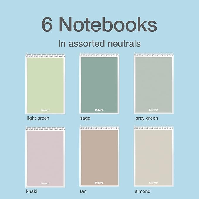 Oxford Steno Spiral Notebooks, Top Bound Steno Pads, 6x9 Inches, Gregg Ruled for Lists, White Paper, Asst. Neutral Covers, 80 Sheets, 6 Pack (1007113)