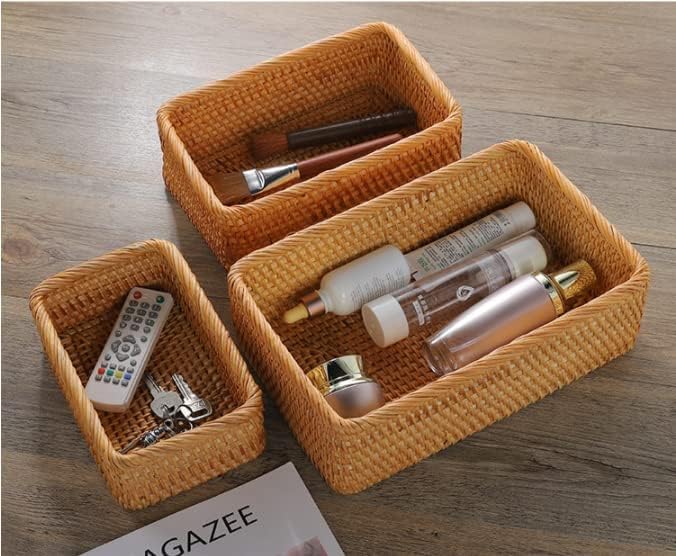 Natural Rattan Storage Baskets, Rectangular Woven Fruit Baskets, Decorative Wicker Basket and Small Baskets for Organizing (Set of 3)