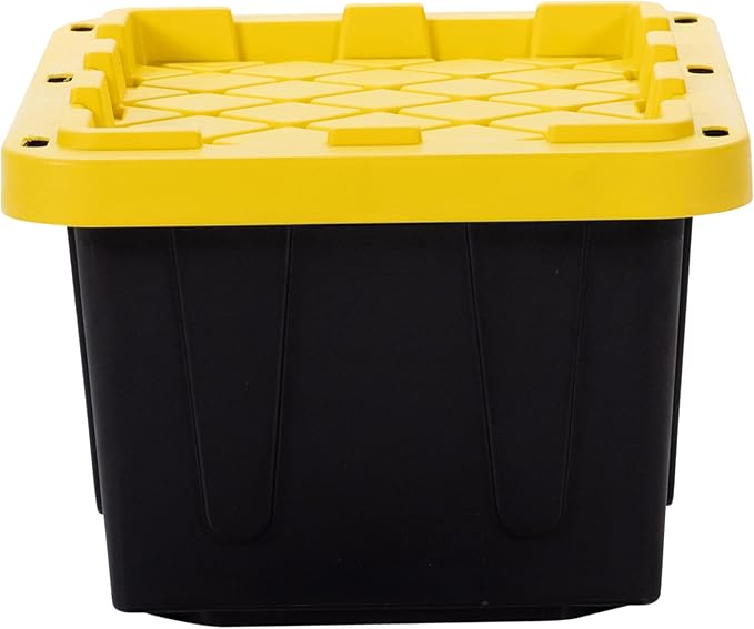 Plastic 5-Gallon Storage Tote with Lockable Lid, Stackable Tough Regular-Duty Bin for Garage, Tools, and Home Organization (2-Pack) - Black and Yellow