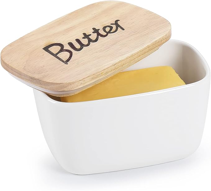 GDCZ Ceramics Butter Dish with Wooden Lid- Large Covered Butter Holder for Countertop, Butter Keeper Container Perfect for Holds 4X 4oz West/East Coast Butter, White