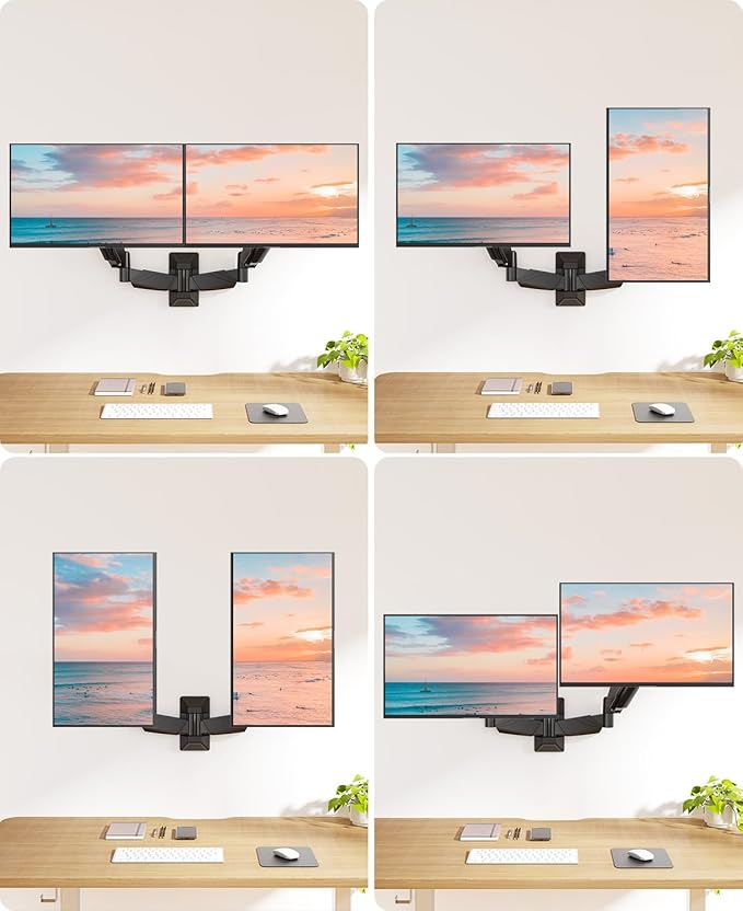 MOUNT PRO Dual Monitor Wall Mount for 2 Computer Screen up to 32 Inch, Gas Spring Double Monitor Arm Holds Up to 17.6lbs Each, Full Motion Adjustable Wall Monitor Mount, VESA Mount 75x75/100x100