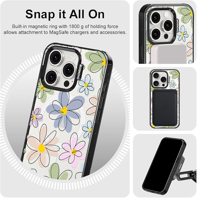 MOSNOVO Magnetic Case for iPhone 15 Pro, 10ft Military-Grade Protection, Compatible with Magsafe, Shockproof Phone Case for iPhone 15 Pro - Linear Blooms - Clear Black